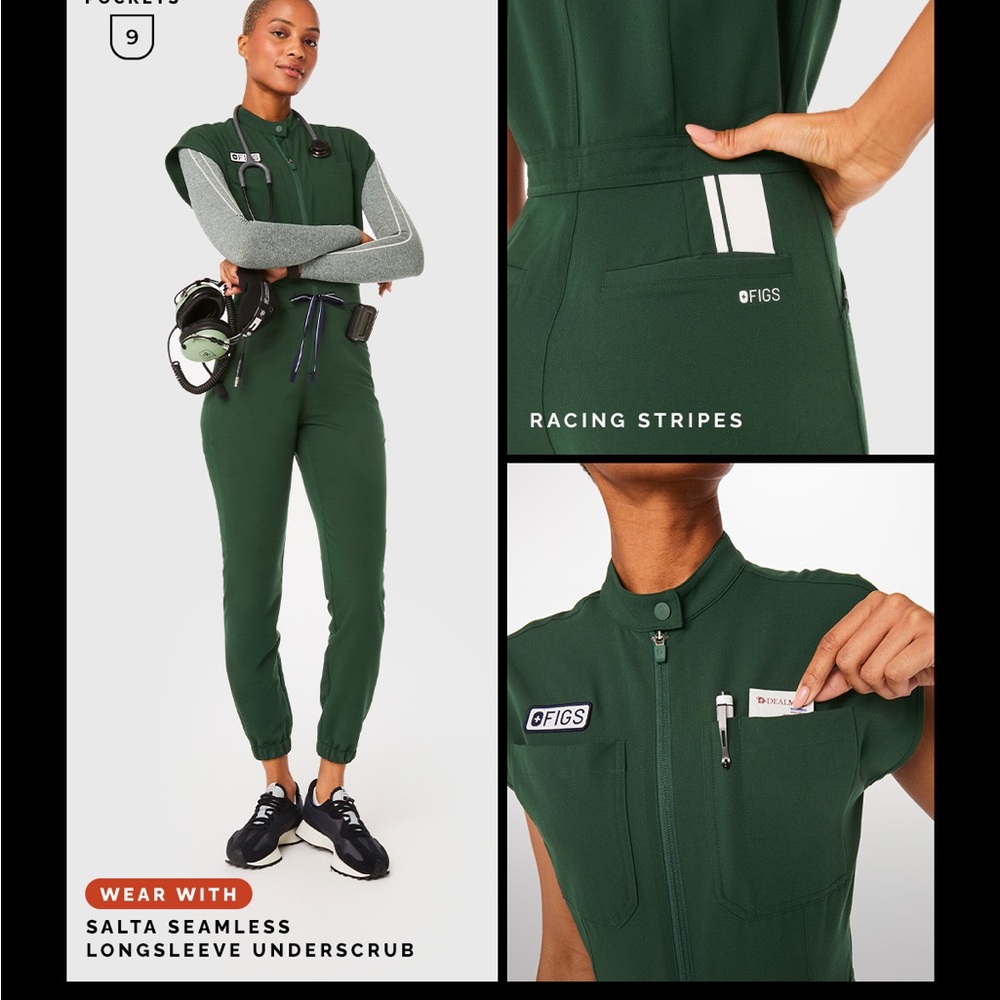 Figs Green Jumpsuit with Gray Accents